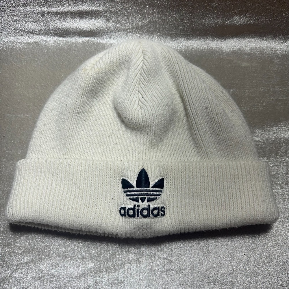 Adidas Hat Beanie Mens One Size White Knit Stretch Trefoil Logo Winter Casual